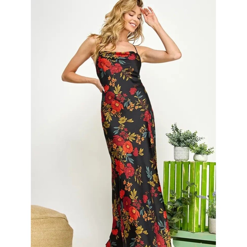 12th Tribe Natalia Black Floral Satin Maxi M Dress Cowl Neck Backless NWT Medium